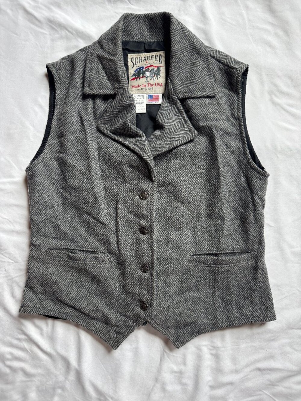 Schaefer Ranchwear Gray Herringbone Tweed Vest Size Medium